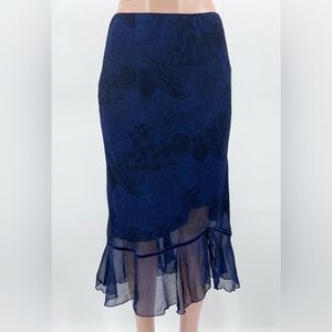 NWT b.i.y.a.y.c.d.a. Midnight Blue Floral Ruffle Velvet Trim Midi Skirt Size M